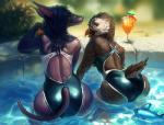2018 alcid alcohol amber_eyes anthro anubian_jackal arched_back atlantic_puffin avian ayumichan273 backless_clothing backless_swimsuit beak beverage big_butt bird black_body black_feathers black_hair breasts butt canid canine canis clothing cocktail detailed_background duo feathers female fish fur grass green_eyes hair jackal lari long_hair looking_at_viewer looking_back mammal marine one-piece_swimsuit open-back_swimsuit pearl_(boolean) plant puffin purple_body purple_fur rear_view rock shark shrub sport_swimsuit swimwear water white_body white_feathers