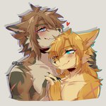 alternate_species anthro anthro_on_anthro anthrofied blonde_hair blue_eyes blush brown_body brown_fur brown_hair claws ear_piercing ear_ring fur furrification hair hand_holding heart_symbol male male/male multicolored_body multicolored_fur piercing ring_piercing selfcest simple_background smile square_crossover white_background white_body white_fur yellow_body yellow_fur altern015 breath_of_the_wild nintendo the_legend_of_zelda twilight_princess link_(wolf_form) canid canine canis mammal wolf 1:1 2023 absurd_res hi_res signature