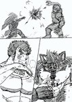 anthro blood bodily_fluids duo fight male muscular muscular_anthro muscular_male pecs punch ryuu_majin lifewonders tokyo_afterschool_summoners horkeu_kamui_(tas) kengo_(tas) canid canine canis human mammal wolf hi_res monochrome