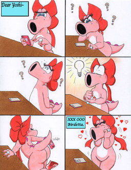 anthro ashleyfableblack butt female heart_symbol red_bow solo texting mario_bros nintendo birdo_(character) birdo dinosaur prehistoric_species reptile scalie comic trans_(lore)
