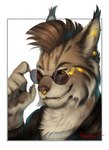 5_fingers anthro brown_hair clothed clothing eyewear fingers glasses hair male smile rogueliger felid feline lynx mammal 2022 digital_media_(artwork) headshot_portrait portrait