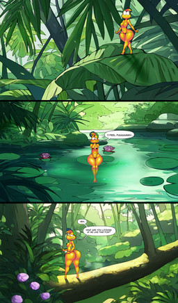 anthro barefoot big_butt black_clothing black_thong black_underwear blush breasts butt clothing crossgender dialogue feet female looking_at_viewer looking_back looking_back_at_viewer micro_anthro micro_female mtf_crossgender nipple_tape nipples outside partially_submerged pasties solo speech_bubble tape text thick_thighs thong underwear water wearing_hat wide_hips yellow_body dracojeff frick_(dracojeff) amphibian frog golden_poison_dart_frog 2024 comic english_text hi_res nonbinary_(lore)