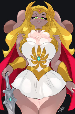 anthro big_breasts blonde_hair blush breasts brown_body brown_fur cleavage clothed clothing curvy_figure eyebrows female fingers fur green_eyes hair long_hair melee_weapon multicolored_body multicolored_fur solo sword thick_thighs two_tone_body two_tone_fur voluptuous weapon wide_hips chalo las_lindas masters_of_the_universe mattel she-ra_(copyright) she-ra_(she-ra) taffy_(las_lindas) lagomorph leporid mammal rabbit 2025 half-length_portrait hi_res portrait signature