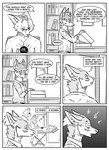 absurd_res ambiguous_gender anthro black_and_white braun_(kifyun2) canid canine clothing comic desk dialogue english_text fox furniture group hi_res inner_ear_fluff kif_yppreah kifyun2 male mammal monochrome prosthetic prosthetic_arm prosthetic_limb shirt simple_background speech_bubble suitcase table tatsuo_kimura text topwear tuft