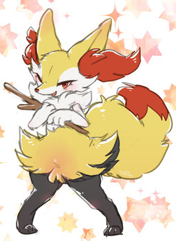 3_fingers 3_toes ambiguous_anthro ambiguous_gender anthro arm_tuft belly_blush big_tail biped black_body black_fur blush blush_lines body_blush cheek_tuft chest_tuft digitigrade dipstick_tail eyelashes facial_tuft feet fingers fluffy fluffy_tail front_view fur holding_object holding_stick inner_ear_fluff knock-kneed looking_at_viewer markings multicolored_body multicolored_fur narrowed_eyes nude_ambiguous nude_anthro one_eye_closed open_mouth open_smile orange_body orange_eyes orange_fur orange_tail pointy_ears pose prick_ears shoulder_tuft smile snout solo sparkling_background standing stick tail tail_markings toes tuft two_tone_tail white_body white_fur wink yellow_body yellow_fur yellow_tail ingi nintendo pokemon braixen canid generation_6_pokemon mammal pokemon_(species) 2022 dated digital_drawing_(artwork) digital_media_(artwork) english_description flat_colors full-length_portrait hi_res portrait signature warm_colors