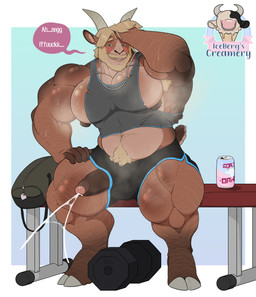 anthro armpit_hair barely_contained barely_contained_penis bench_press beverage big_muscles big_nipples big_pecs bite biting_lip bodily_fluids body_hair bottomwear clothed clothing cum dialogue dumbbell ejaculation genital_fluids hands-free hotpants jewelry male muscular muscular_male musk necklace nipples pecs shirt shorts sitting skimpy solo speech_bubble spontaneous_ejaculation sweat tank_top topwear weights 1ceberg tom_(1ceberg) bovid caprine goat mammal absurd_res hi_res
