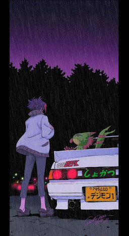 anthro car clothing duo footwear green_body long_tongue male raining size_difference tongue vehicle zijing_zhuge bandai_namco crocs digimon digimon_beatbreak tomoro_tenma digimon_(species) gekkomon human mammal scalie hi_res