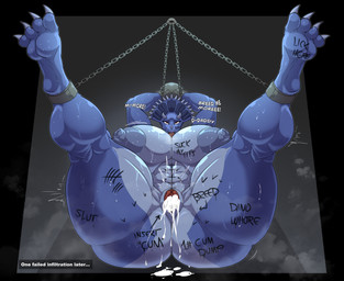after_sex anthro areola bdsm big_breasts big_butt biped blue_body bodily_fluids body_writing bondage bound breasts butt calf_muscles cum cum_in_vagina cum_inside daddy_kink feet female genital_fluids genitals huge_breasts leaking_cum legs_up multicolored_body nipples non-mammal_breasts non-mammal_nipples non-mammal_vulva nude pupils red_eyes simple_background soles solo submissive submissive_female sweat text thick_thighs toes vulva drydude ceratopsian ceratopsid chasmosaurine dinosaur marginocephalian ornithischian prehistoric_species reptile scalie triceratops absurd_res english_text hi_res
