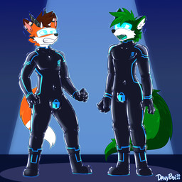 2_horns anthro black_bodysuit black_clothing black_latex black_skinsuit bodysuit boots brown_hair bulge cheek_tuft clothing drone dronesuit dronification duo ear_tuft facial_tuft footwear forced fur green_body green_fur green_hair hair horn hypnosis hypnotic_visor latex latex_bodysuit latex_clothing latex_skinsuit male markings mind_control null_bulge orange_body orange_fur shoes skinsuit striped_ears striped_markings striped_tail stripes struggling tail tail_markings tail_tuft tight_clothing tuft visor davyboi canid mammal hi_res