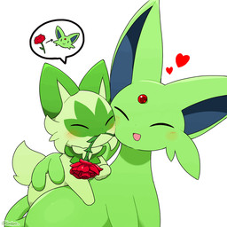 ^_^ ambiguous_gender blue_inner_ear blush blush_lines daww duo eyes_closed facial_markings facial_tuft feral flower flower_in_mouth forehead_gem forked_tail fur gem green_body green_fur green_markings happy head_markings heart_symbol hearts_around_head larger_ambiguous long_ears long_tail markings monotone_body monotone_fur neck_tuft paws plant quadruped red_gem red_heart rose_(flower) rose_in_mouth simple_background size_difference smaller_ambiguous smile speech_bubble tail tail_motion tailwag tuft unusual_anatomy unusual_tail white_background tontaro nintendo pokemon eeveelution espeon felid generation_2_pokemon generation_9_pokemon mammal pokemon_(species) shiny_pokemon sprigatito 1:1 2023 2d_animation animated digital_media_(artwork) frame_by_frame loop pictographics shaded signature simple_shading