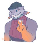 anthro black_sclera braces clothing female gesture hand_gesture hat headgear headwear membrane_(anatomy) sharp_teeth smile solo teeth v_sign webbed_hands wildcardshuffle kleo_devonshire_(million_years_academy) dunkleosteus fish marine prehistoric_species