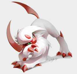 ambiguous_gender ass_up claws digitigrade feral finger_claws fur green_eyes hair horn looking_at_viewer quadruped simple_background solo tail toe_claws white_background white_body white_fur white_hair likey nintendo pokemon absol generation_3_pokemon pokemon_(species) shiny_pokemon 2025 absurd_res hi_res shaded signature