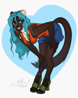 anthro blue_hair female hair long_hair long_tail pose smile solo tail erival rada_(erival) gulonine mammal marten mustelid musteline pine_marten absurd_res hi_res pinup