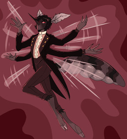 abstract_background big_nose black_clothing black_topwear bottomwear brown_body brown_bottomwear brown_clothing brown_pants clothed clothing male mouthless pants pupils red_pupils red_sclera side_view solo topwear white_eyes wings swampjaws arthropod fly_(animal) humanoid insect mosquito hi_res