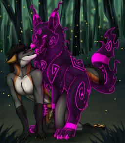 anthro anthro_on_feral anthro_penetrated bestiality black_hair duo erection feral feral_penetrating feral_penetrating_anthro french_kissing from_behind_position fur genitals gloves_(marking) green_eyes green_penis grey_body grey_fur hair kissing leg_markings licking_tongue male male/male male_anthro male_feral male_penetrated male_penetrating male_penetrating_male markings mohawk nude orange_markings outside_sex penetration penis pink_eyes pink_markings purple_body purple_fur sex slim_anthro slim_male socks_(marking) white_body white_fur killthe_demon fin_the_fox void_(fin_the_fox) canid canine mammal hi_res