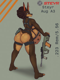 anthro assault_rifle barbell_piercing belly belly_nipples big_belly breasts brown_body brown_fur brown_hair butt ear_piercing ear_ring eyebrow_barbell eyebrow_piercing facial_piercing female fur gun hair harness harness_only looking_at_viewer looking_back looking_back_at_viewer multi_nipple nipples nose_piercing nose_ring nude nude_anthro nude_female piercing pose pregnant pregnant_anthro pregnant_female ranged_weapon rifle ring_piercing septum_piercing septum_ring short_tail solo tail weapon moscoviumdraws merci_(moscoviumdraws) canid canine canis dobermann domestic_dog mammal pinscher 2026 english_description hi_res