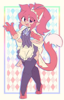 ambiguous_gender anthro apron big_ears biped bottomwear bulge cheek_tuft clothed clothing collared_shirt dipstick_tail dress_shirt facial_tuft fangs fist fur gloves_(marking) hair legwear looking_at_viewer maid_headdress maid_uniform markings multicolored_body multicolored_tail open_mouth pink_hair purple_eyes ribbons shirt simple_background skirt smile solo tail tail_markings teeth thigh_highs topwear tuft uniform vest white_body white_fur kurus shiori_(kurus) domestic_cat felid feline felis mammal absurd_res digital_media_(artwork) hi_res male_(lore)
