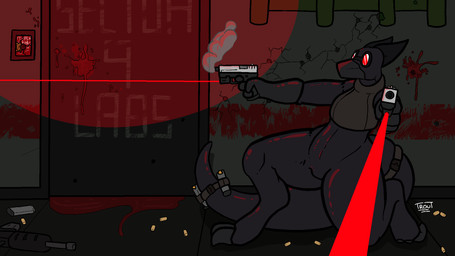 anthro blood bodily_fluids bodysuit clothed clothing dark eyewear female goggles gun handgun inside laser latex pistol ranged_weapon skinsuit smoke thick_thighs tight_clothing weapon wide_hips trout_(artist) lizard reptile scalie 16:9 2019 hi_res wallpaper widescreen