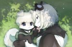 alternate_species black_body black_ears black_fur duo eye_contact eyebrow_through_hair eyebrows feral fur furrification grass hair looking_at_another multicolored_ears pawpads pink_pawpads plant smile tail translucent translucent_hair two_tone_ears white_body white_fur white_tail missaka nier_automata platinumgames yorha_2b yorha_9s canid canine canis domestic_dog felid mammal pantherine snow_leopard 2022 hi_res