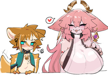 alternate_species anthro asian_clothing big_breasts blue_eyes blush breasts brown_body brown_ears brown_fur brown_hair brown_tail clothed clothing duo ear_piercing ear_ring east_asian_clothing female fur furrification hair heart_symbol japanese_clothing long_hair male male/female piercing pink_body pink_ears pink_fur pink_hair purple_eyes ring_piercing simple_background tail tongue tongue_out white_background white_body white_fur shiyaa_stuff genshin_impact mihoyo gorou_(genshin_impact) yae_miko canid canine canis domestic_dog fox mammal