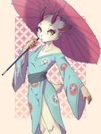 2021 absurd_res animal_crossing anthro asian_clothing blue_clothing blue_kimono blush border breasts cheek_tuft clothed clothing deer dipstick_ears east_asian_clothing eyeshadow facial_tuft female fingerless_(marking) front_view fully_clothed hi_res holding_object holding_parasol horn japanese_clothing kimono legs_together looking_at_viewer makeup mammal multicolored_ears nintendo obi open_mouth parasol pattern_background pink_eyeshadow portrait red_horn ricky945 shino_(animal_crossing) simple_background small_breasts solo standing tan_border three-quarter_portrait three-quarter_view tuft wagasa yellow_eyes