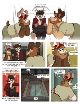 anthro antlers arm_hair beard bent_over body_hair bottomwear clothing dialogue eyewear facial_hair glasses group hat headgear headwear hoodie horn male male/male male_anthro messenger_bag nervous nervous_smile pants rubbing_neck shirt shorts sitting smile speech_bubble standing text topwear uniform nardodraws leo_(nardodraws) rodney_(nardodraws) tom_(nardodraws) canid canine canis deer mammal moose new_world_deer wolf comic english_text hi_res
