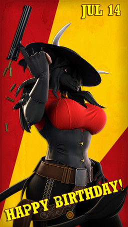 5_fingers anthro belt big_breasts black_body black_fur black_hair breasts bullet_casing clothed clothed_anthro clothed_female clothing female fingers fur gloves gun hair handgun handwear hat headgear headwear horn humanoid_hands ranged_weapon revolver smile solo text weapon petruz petruz_(modeler) mercedes_(petruz) bovid bovine cattle mammal 3d_(artwork) 9:16 blender_(artwork) digital_media_(artwork) english_text hi_res