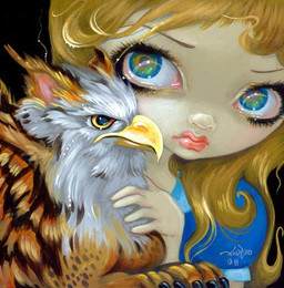 ambiguous_gender beak blonde_hair blue_eyes clothed clothing duo eyebrows feathers female feral fur hair lips long_hair makeup pale_skin paws pink_lips pupils jasmine_becket-griffith alice_in_wonderland mythology alice_(alice_in_wonderland) avian felid feline felis gryphon human mammal mythological_avian mythological_creature 2011 dated formal_art low_res painting_(artwork) traditional_media_(artwork) traditional_painting_(artwork)