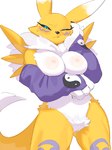 2024 4_fingers anthro areola arm_tuft arm_under_breasts armwear armwear_only bandai_namco black_sclera blue_eyes blush blush_lines breasts bridal_gauntlets chest_tuft clothing countershade_torso countershading crotch_lines crotch_tuft digimon digimon_(species) dipstick_ears dipstick_tail ear_markings female female_anthro fingers front_view fur fur_markings genitals hand_on_chin hi_res holding_breast innie_pussy kame_3 looking_down low-angle_view markings mostly_nude multicolored_ears navel nipples one_eye_closed purple_armwear purple_bridal_gauntlets purple_clothing pussy renamon shoulder_tuft simple_background solo standing tail tail_markings tomoe_(symbol) tuft white_background yellow_body yellow_fur yellow_tail yin_yang