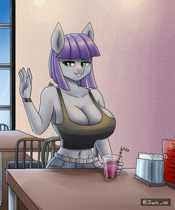 5_fingers anthro bangs beverage big_breasts bottomwear breasts chair clothing container crop_top cup dipstick_ears drinking_straw ear_markings female fingers furniture gesture green_eyes grey_body grey_skin hair holding_object multicolored_ears navel purple_hair shirt shorts solo table topwear waving zachc friendship_is_magic hasbro my_little_pony maud_pie_(mlp) earth_pony equid equine horse mammal pony 2023 5:6 digital_media_(artwork) hi_res signature