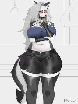 anthro belly beverage big_breasts big_butt blush breasts butt coffee curvy_figure female larger_female size_difference subway tail voluptuous hb1246 hellaverse helluva_boss loona_(helluva_boss) humanoid 3:4 absurd_res hi_res