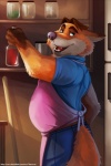 4_fingers anthro apron belly bottle brown_body brown_eyebrows brown_fur brown_hair clothed clothing container dipstick_ears ear_markings eyebrows fingers fully_clothed fur gloves_(marking) hair holding_bottle holding_container holding_object inside jar looking_back male markings multicolored_ears open_mouth open_smile orange_body orange_fur overweight overweight_anthro overweight_male shelf shirt short_hair side_view smile solo standing topwear 7theaven disney zootopia gideon_grey canid canine fox mammal red_fox true_fox 2016 2:3