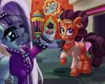 clothing duo female feral horn looking_at_viewer one_eye_closed piercing stamp veil wink thediscorded friendship_is_magic hasbro my_little_pony mythology coloratura_(mlp) saffron_masala_(mlp) equid equine horse mammal mythological_creature mythological_equine pony unicorn 2016 hi_res