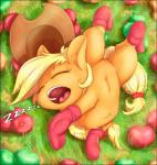 2017 alcorart apple applejack_(mlp) blonde_hair clothing conditional_dnp equid eyes_closed female feral food footwear freckles friendship_is_magic fruit grass hair hasbro hat headgear headwear hi_res legwear long_hair lying mammal my_little_pony open_mouth plant sleeping socks solo