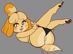 aggressykhressy animal_crossing anthro butt canid canine canis clothed clothing domestic_dog female fur genitals grey_background hi_res isabelle_(animal_crossing) legs_up lying mammal nintendo on_back panties panties_down partially_clothed pussy shih_tzu simple_background solo tail tail_motion tailwag toy_dog underwear underwear_down yellow_body yellow_fur