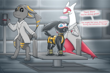 ambiguous_gender anthro anthrofied ball_gag bdsm blush bodily_fluids catheter clothing feral gag genital_fluids genitals gimp_mask group hood latex latex_clothing latex_hood latex_skinsuit machine male mask medical_instrument milking_cum milking_machine penis_milking_machine scientific_instrument simple_background skinsuit tight_clothing trio urethral charly-sparks nintendo pokemon avii_cinderfeather fan_character avali eeveelution generation_3_pokemon generation_6_pokemon latias legendary_pokemon pokemon_(species) sylveon hi_res
