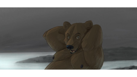 anthro bathing belly brown_body brown_fur clothed clothing fur male nude solo topless doomsdog bear brown_bear mammal ursine 16:9 hi_res letterbox widescreen