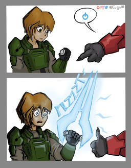 4_fingers armor brown_eyes brown_hair duo energy_sword energy_weapon female female_focus female_human fingers gesture hair hand_gesture holding_melee_weapon holding_object holding_sword holding_weapon human_focus male male_humanoid marines melee_weapon onomatopoeia pointing power_symbol sound_effects sparkles sparkling_eyes speech_bubble sword text thumbs_up weapon cugu00 halo_(series) microsoft xbox_game_studios alien human humanoid mammal sangheili absurd_res colored comic hi_res