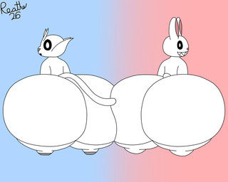 anthro ass_to_ass big_butt black_mouth black_sclera blue_background butt duo grey_hooves grey_nose hooves huge_butt hyper hyper_butt looking_at_viewer looking_back looking_back_at_viewer male open_mouth pink_background pink_inner_ear pink_nose rear_view scut_tail sharp_teeth short_tail shortstack shortstack_male simple_background smile smiling_at_viewer tail teeth white_body white_ears white_eyes white_tail reathe microsoft ori_(series) sam_and_max xbox_game_studios max_(sam_and_max) ori_(ori) guardian_spirit lagomorph leporid mammal rabbit 2026 5:4 colored crossover digital_media_(artwork) flat_colors hi_res signature
