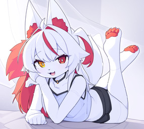 2_tails 4_toes 5_fingers anthro arms_bent bangs barefoot bent_legs biped black_bottomwear black_choker black_clothing black_eyebrows black_jewelry black_necklace black_nose black_shorts blush blush_lines blushing_at_viewer bottomwear breasts calves_up choker claws clothed clothed_anthro clothed_female clothing cute_fangs dipstick_tail eyebrow_through_hair eyebrows eyelashes eyelashes_through_hair fangs feet female female_anthro finger_claws fingers front_view fully_clothed fully_clothed_anthro fully_clothed_female fur hair heterochromia highlights_(coloring) hindpaw hotpants humanoid_hands humanoid_heel inner_ear_fluff inside iris jewelry kemono light long_hair long_tail looking_at_viewer lying markings midriff multi_tail necklace on_front one_fang open_:3 open_mouth open_smile orange_pawpads pawpads paws pink_tongue plantigrade plantigrade_pawpads pose raised_tail red_eyes red_highlights red_inner_ear_fluff red_markings red_tail_tip red_tuft shirt shorts small_nose smile smiling_at_viewer solo tail tail_markings tank_top teeth the_pose toe_claws toes tongue topwear translucent translucent_hair tuft white_body white_claws white_clothing white_fur white_hair white_sclera white_shirt white_tail white_tank_top white_topwear yellow_eyes devil-vox knia_(devil-vox) canid canine fox mammal 2025 digital_drawing_(artwork) digital_media_(artwork) full-length_portrait hi_res lighting portrait shaded