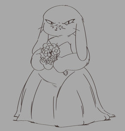 anthro black_nose bouquet closed_frown clothed clothing crossdressing dress facial_scar floppy_ears flower frown grey_background holding_bouquet holding_flower holding_object looking_at_viewer male male_cleavage mouth_closed narrowed_eyes overweight overweight_anthro overweight_male plant scar simple_background solo wedding_dress whiskers wide_hipped_anthro wide_hipped_male wide_hips oofmasterxd cave_story king_(cave_story) lagomorph mammal mimiga 2026 greyscale monochrome portrait