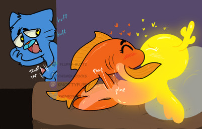 anthro bodily_fluids cloacal cloacal_penetration cuckold drooling duo female glowing glowing_body group heart_eyes heart_symbol hearts_around_head kissing_while_penetrating male male/female masturbation onomatopoeia penetration saliva sound_effects spread_wings text trio wings young chimeracocks cartoon_network the_amazing_world_of_gumball darwin_watterson gumball_watterson penny_fitzgerald cyprinid cypriniform domestic_cat fairy felid feline felis fish goldfish mammal marine hi_res trans_(lore) trans_man_(lore)