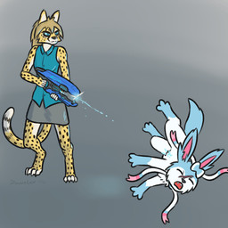 anthro biped claws clothed clothing countershade_torso countershading duo feet female feral fingers fur gradient_background grey_background gun hair holding_gun holding_object holding_ranged_weapon holding_weapon male male/female markings multicolored_body multicolored_fur open_mouth pained_expression plasma_gun ranged_weapon shooting shooting_gun simple_background spots tail toes topwear tuft weapon white_body dawnlux halo_(series) microsoft nintendo pokemon xbox_game_studios dawn_(dawnlux) fan_character joseph_von_carstein canid cheetah eeveelution felid feline generation_6_pokemon mammal pokemon_(species) shiny_pokemon sylveon 1:1 animated digital_media_(artwork)