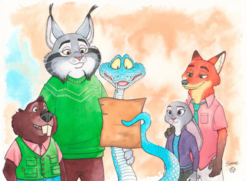 accessory anthro big_teeth blue_body blue_scales bottomwear brown_body brown_fur clothed clothing ears_down ears_up facial_markings female fur gloves_(marking) green_clothing green_eyes green_sweater green_topwear grey_body grey_bottomwear grey_clothing grey_fur grey_pants group head_markings holding_object jacket male markings necktie open_mouth orange_body orange_fur pants paper patent pink_clothing pink_shirt pink_topwear pivoted_ears purple_eyes scales sharp_teeth shirt standing sweater teeth topwear touching_shoulder touching_thigh vest whisker_spots whiskers wide_eyed some_(someone) disney zootopia gary_de'snake judy_hopps nibbles_maplestick nick_wilde pawbert_lynxley beaver canada_lynx canid canine european_rabbit felid feline fox lagomorph leporid lynx mammal oryctolagus pit_viper rabbit red_fox reptile rodent scalie snake true_fox viper absurd_res hi_res painting_(artwork) traditional_media_(artwork) watercolor_(artwork)
