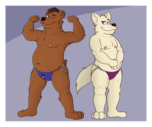 anthro belly border brown_body brown_fur clothing duo fur humanoid_hands jockstrap male moobs nipples one_eye_closed overweight overweight_male simple_background underwear white_border wink calzone_(artist) bear canid canine canis domestic_dog mammal 2015 6:5