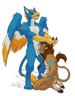 anthro arm_markings avian_arms balls beak blonde_highlights blue_body blue_markings bodily_fluids cloven_hooves countershading crotch_tuft cum cum_drip cum_from_mouth cum_in_mouth cum_inside cum_on_balls cum_on_own_balls cum_on_own_penis cum_on_penis cum_on_self cum_while_penetrated cumshot dripping duo ejaculation eye_roll eyes_closed feet genital_fluids genitals handjob handjob_while_penetrated highlights_(coloring) hooved_toes hooves humanoid_genitalia humanoid_penis irrumatio knee_tuft kneeling_oral_position leg_markings leg_tuft male male/male markings multicolored_wings narrowed_eyebrows oral oral_penetration penetration penile penis penis_in_mouth sex spread_toes tail tail_tuft toes tuft white_body white_countershading wings yellow_beak russell_allen mythology leoko357 antelope avian bovid felid gryphon hybrid lion mammal mythological_avian mythological_creature pantherine hi_res