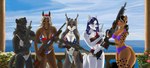 absurd_res anthro australian_flag_bikini bikini black_body breasts brown_body canid canine cinnameana clothing countershade_torso countershading equid equine felid feline female flag_bikini fox grey_body group gun handgun hi_res holding_gun holding_handgun holding_object holding_ranged_weapon holding_revolver holding_rifle holding_weapon horse hybrid irish_flag_bikini kolibri lineup lynx magica mammal o'grady pantherine penelope_o'grady purple_bikini purple_clothing purple_swimwear ranged_weapon revolver sarabeth swimwear texas_flag_bikini two-piece_swimsuit under_boob weapon white_bikini white_body white_clothing white_swimwear yellow_body zala_hafeez