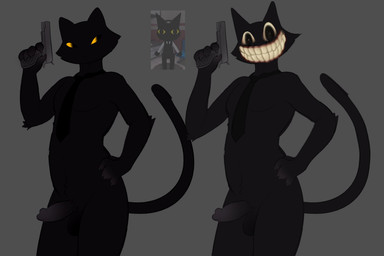 4_fingers accessory anthro balls big_eyes big_grin black_balls black_eyes black_necktie black_penis claws erection finger_claws fingers genitals glans grey_background grey_claws grey_glans grey_penis gun hand_on_hip handgun holding_gun holding_handgun holding_object holding_pistol holding_ranged_weapon holding_weapon humanoid_genitalia humanoid_penis looking_at_viewer looking_away male mostly_nude mouthless multiple_poses necktie necktie_only penis pistol pose ranged_weapon simple_background solo standing toothy_grin weapon yellow_sclera nikeshka animal_hospital creepypasta secret_agent_(animal_hospital) domestic_cat felid feline felis mammal 3:2