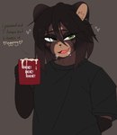 anthro black_clothing black_shirt black_topwear blush blush_lines bodily_fluids brown_body brown_fur brown_hair clothed clothing container cum cum_in_a_cup cum_in_container cup dialogue eyelashes femboy fur genital_fluids green_eyes grey_background hair heart_symbol holding_container holding_cup holding_mug holding_object holidays humor looking_at_viewer male mug open_mouth open_smile piercing shirt simple_background smile solo sweat sweatdrop text topwear hachikxma christmas hachi_(hachikxma) canid canine mammal raccoon_dog tanuki english_text half-length_portrait hi_res portrait