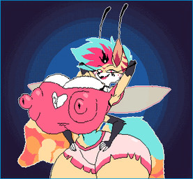 4_arms antennae_(anatomy) anthro areola areola_visible_through_clothing big_breasts big_butt big_nipples blue_background blue_border blue_hair border bottomwear bouncing_breasts bra breasts butt choker clothed clothing curvy_figure erect_nipples eyelashes fangs female female_anthro fingers fluffy freckled_face freckles fur gradient_background hair hands_behind_head hands_on_hips heart_cutout huge_breasts huge_butt huge_thighs hyper hyper_breasts insect_wings jewelry long_eyelashes looking_at_viewer multi_arm multi_limb multicolored_body multicolored_fur multicolored_hair necklace nipple_dip nipple_outline nipples open_mouth pink_bottomwear pink_clothing pink_hair pink_topwear presenting red_clothing red_eyes shirt shorts simple_background small_waist smile solo tail teeth thick_thighs tight_clothing topwear tuft two_tone_hair underwear wide_hips wings inclinedtrunk hellaverse helluva_boss mythology queen_bee-lzebub_(helluva_boss) arthropod bee canid canine canine_demon demon fox hybrid hymenopteran insect mammal mythological_canine mythological_creature 2026 aliasing animated animated_webp binary_drawing digital_drawing_(artwork) digital_media_(artwork) high_framerate loop